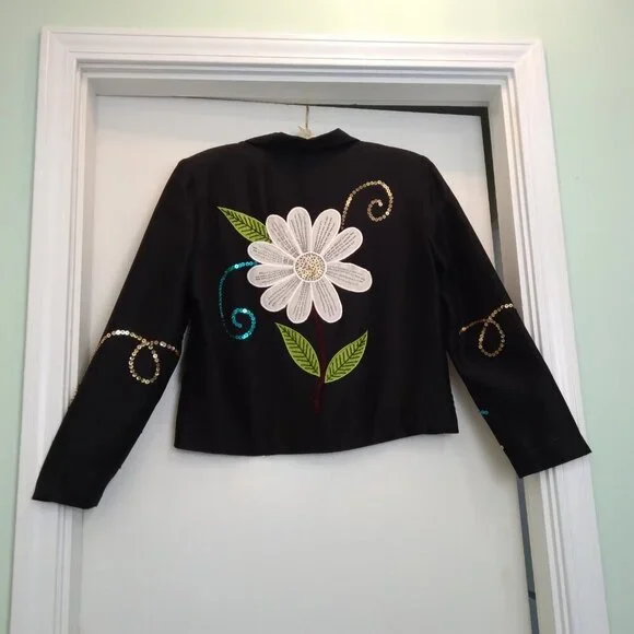 Y2K Vintage Black 100% Silk Jacket w Floral Textured Art Simply Stunning! Sz10 - Picture 12 of 14